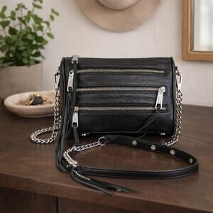 Rebecca Minkoff 4 Zip Black Pebbled Moto Crossbody Silver Hardware Chain